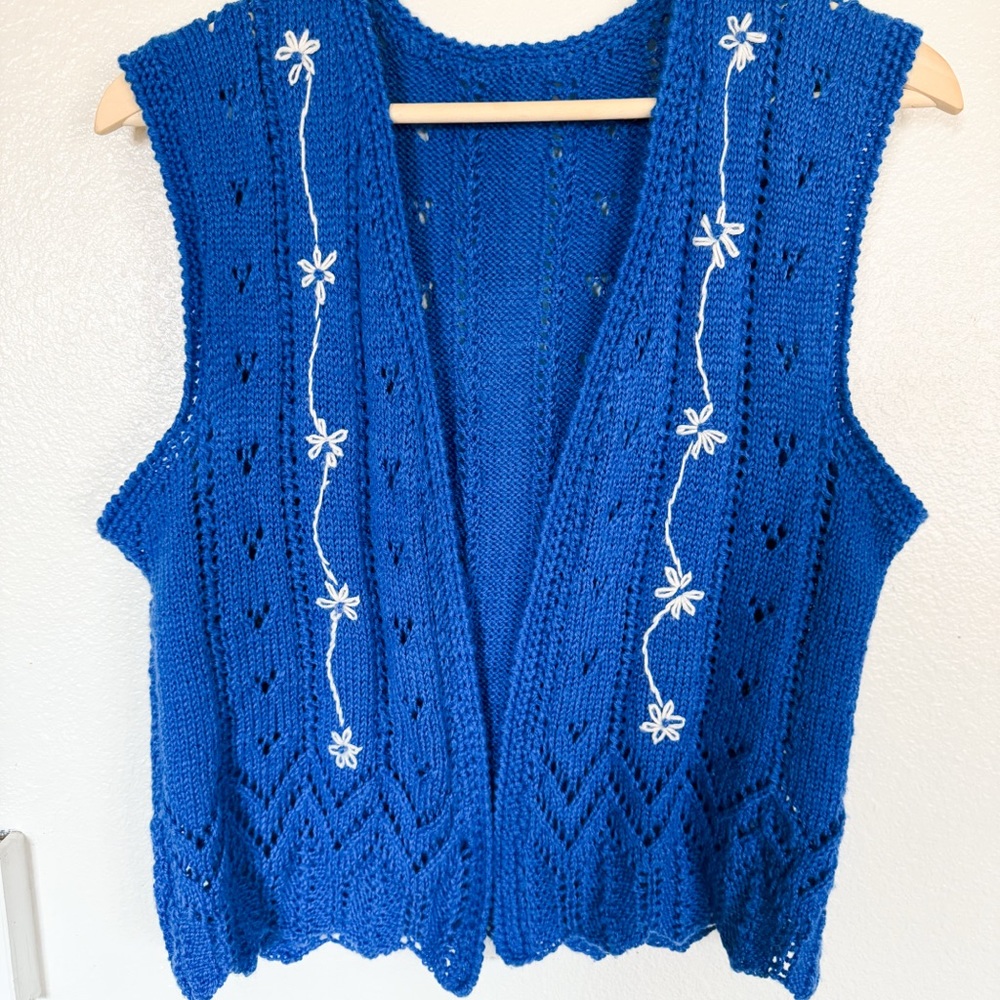 Hand Knit Embroidered Blue Cottagecore Festival Vest